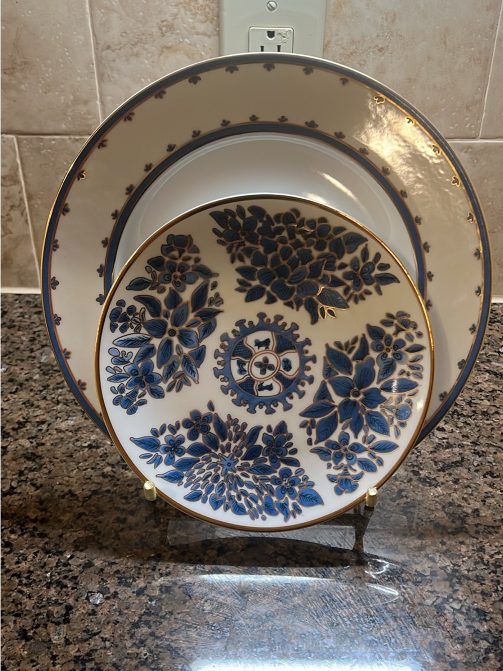Blue and Gold Floral Porcelain Dinner Plates - 8 Piece Set